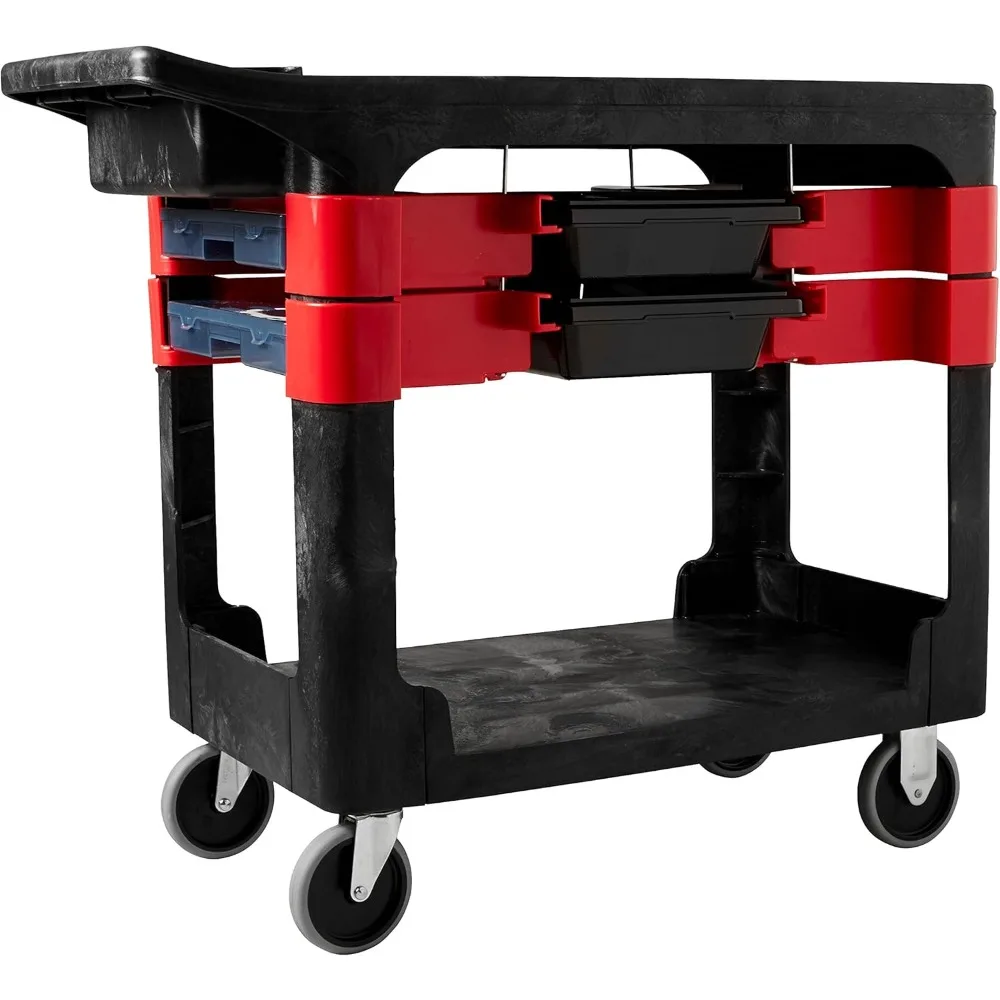 

Trades Tool Utility Cart Mobile Work Station With 2 Parts Boxes and 4 Parts Bins 330 lb. Capacity 5" Casters Black for Warehous
