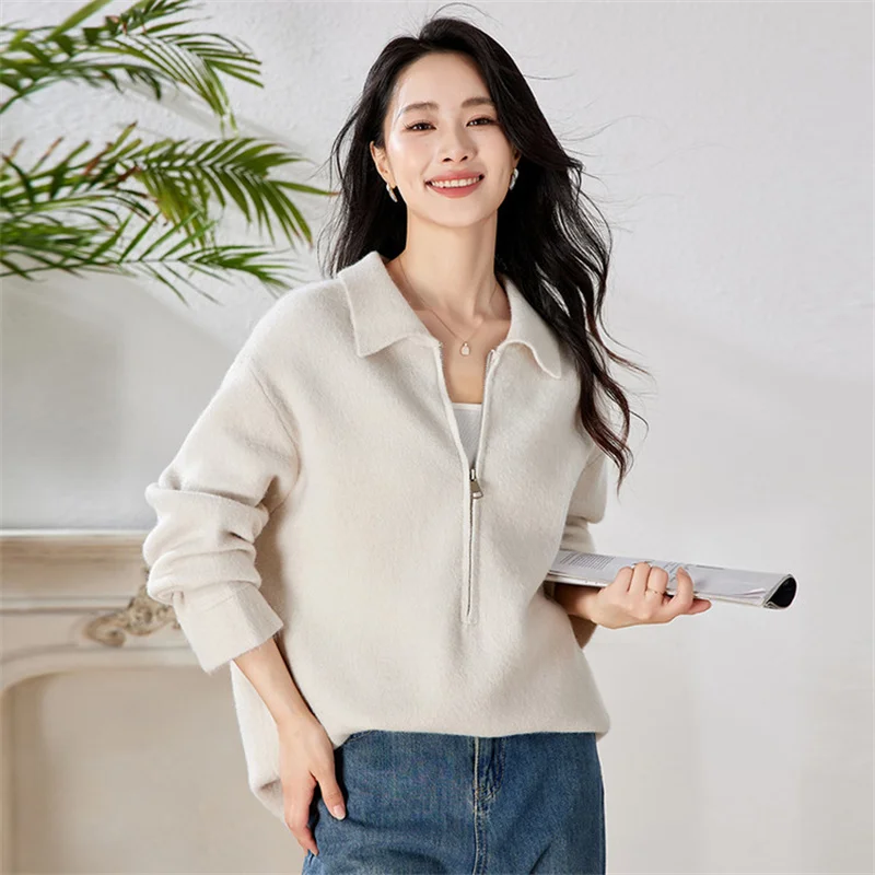 

High-End Knitted Sweater with Collar for Women No Pilling Early Autumn New Arrival Casual Loose Fit Long Sve round Ne