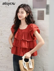 MISHOW Women's French Square Collar Blouses 2024 Summer Retro Red Ruffle Lace Cake Top Puff Sleeve Solid Sweet Blouse MXD30X1488