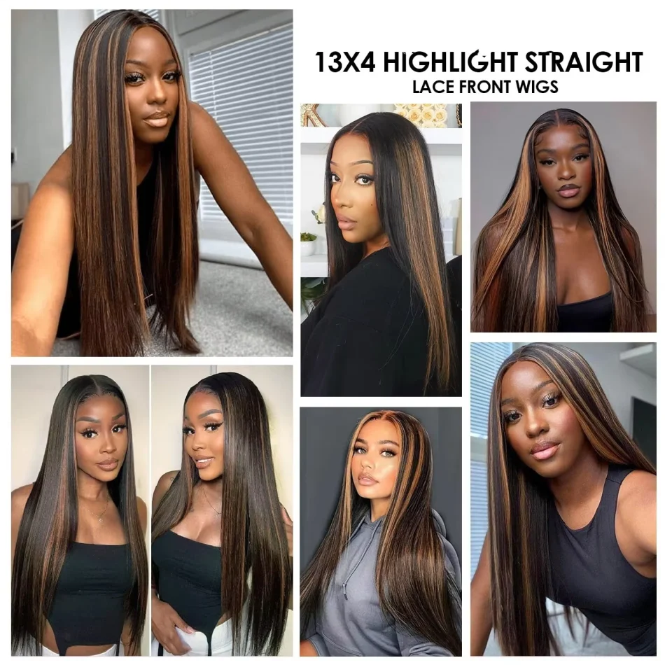 Picture 6: Highlight Ombre Straight Human Hair Wigs 13X6 Hd Lace Frontal Wig P1B30 Lace Front Wig Pre Plucked 250 Density 30 Inch For Women