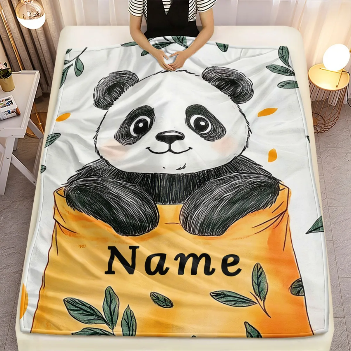 Customized name cute panda blanket lightweight soft flannel all season blanket, digital printing, mixed colors,