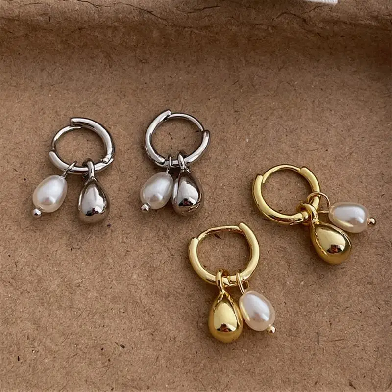 Pendientes de Perlas de Imitación con Colgante de Metal para Mujer, Aros Geométricos Redondos de Moda, Joyería para Bodas y Fiestas, Regalo