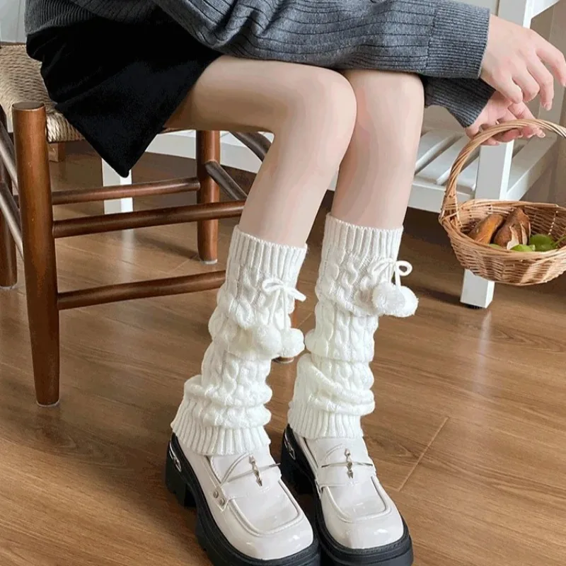 

Women's Fluffy Pom Pom Sock Leg Warmers Knit White Black Thickened Thermal Winter Boot Cuffs Cozy SOFT Woolen