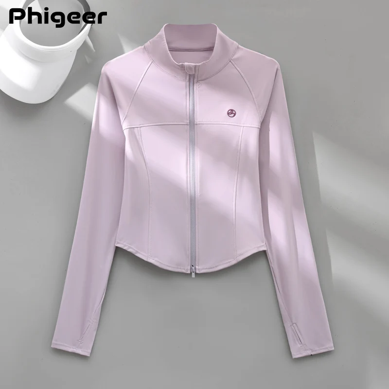 PHIGEER Women Two-Way Zip Up Yoga Jacket Slim Fit Long Sleeve Running Top Thumb Holes Quick Dry Athletic Gym Wear Outdoor Sports