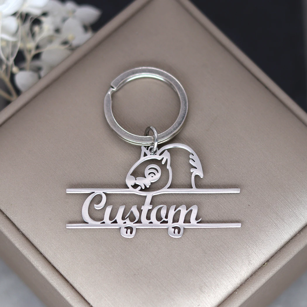 QIMING Customized Stainless Steel Squirrel Charm Keyring Engrave Animal Keychain Cartoon Jewelry Gift For Men Women