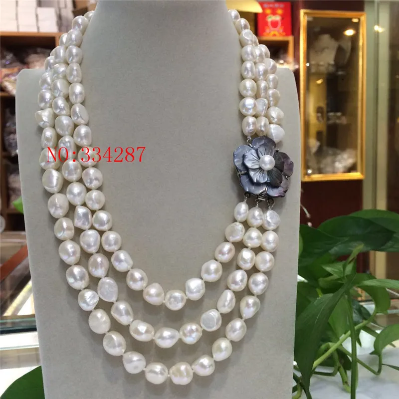 

big 3rows 9-10 mm baroque white freshwater pearl necklace