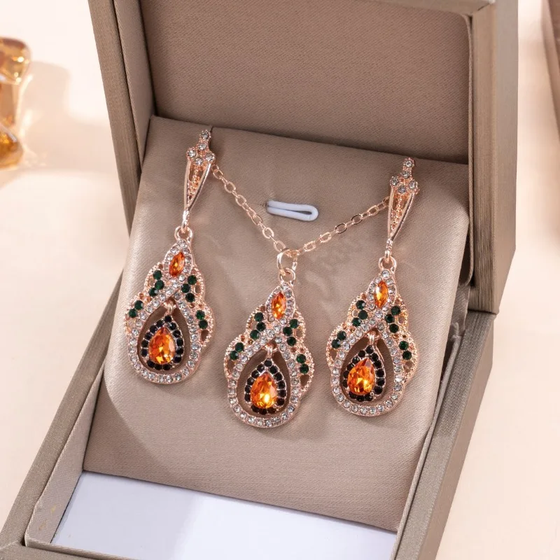 Bohemian retro ethnic style diamond-encrusted high-end necklace earrings, jewelry set