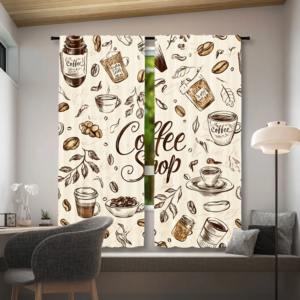 Vintage Coffee Shop Curtain Boho Cafe Window Curtains Caffeine Print Window Dressing Fabric Decor for Kitchen Bedroom Living