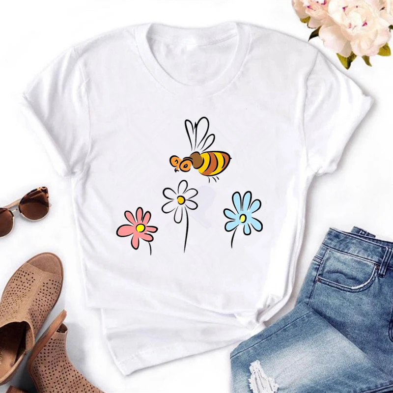 Nature bees gather nectar Cartoons Print Women t-shirts Summer Casual Funny t shirt For 5 colors Ladies TShirt Tops