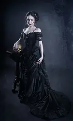 Vestido de noche victoriano oscuro con hombros descubiertos, corsé con cordones, color negro, gótico, Steampunk