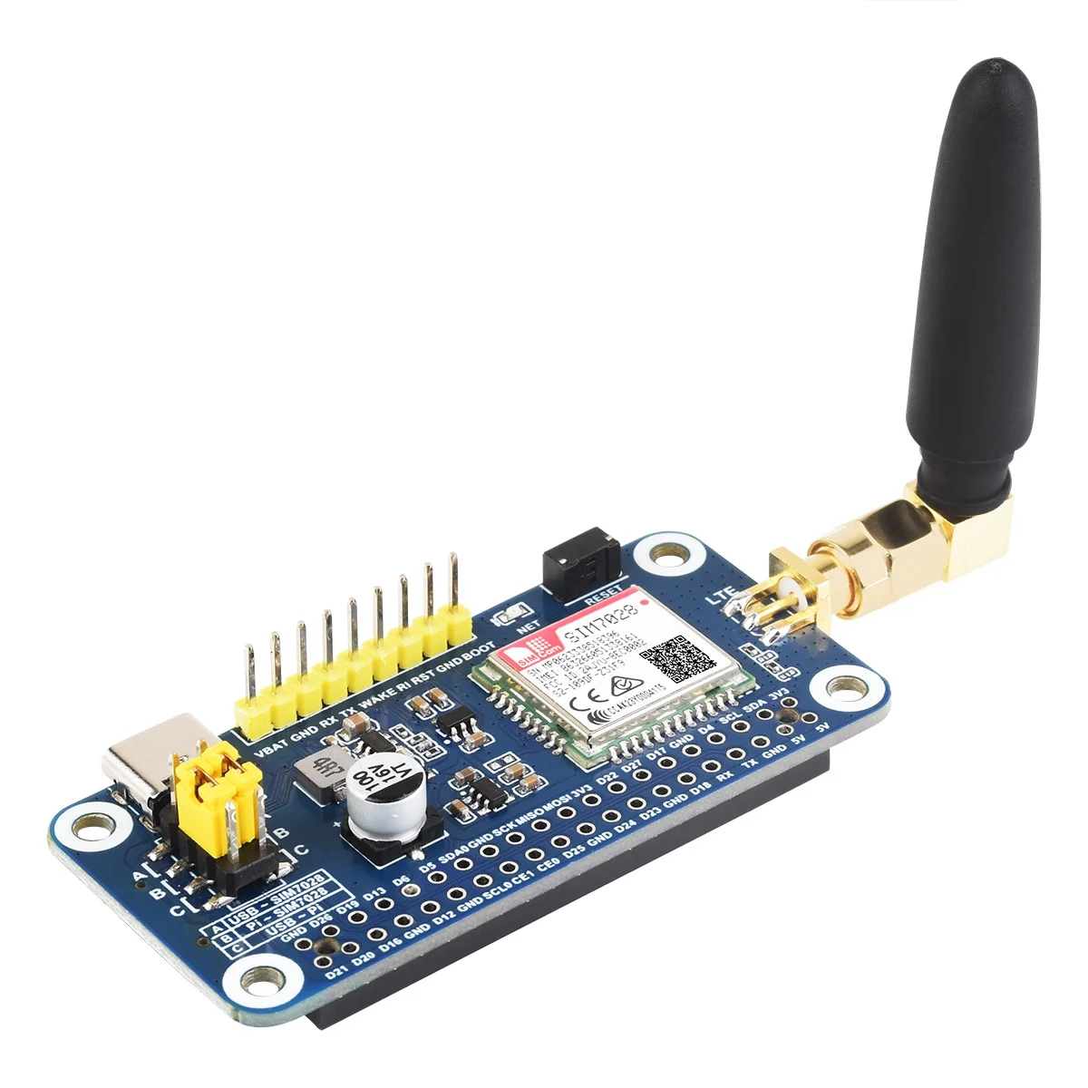 SIM7028 Wireless Communication Module NB-IoT Hat for Raspberry Pi, Supports Global Band Communication with Antenna