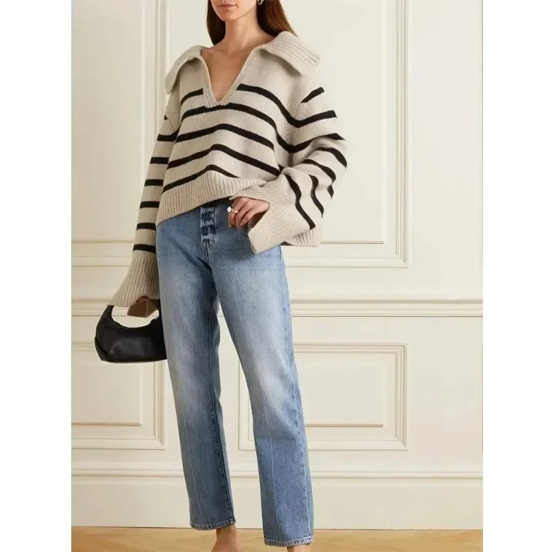 KH@IT* Sweater 2023 Autumn/winter New Retro Striped V-neck Polo Collar Versatile Casual Knitted Wool Jumper Women