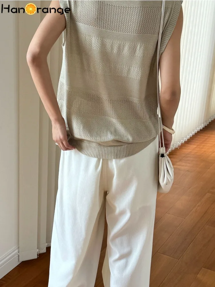 HanOrange 2024 Summer Lazy Simple Hollow O-Neck Knitted Tank Women Soft Comfortable Sleeveless Lyocell Top White/Black/Apricot