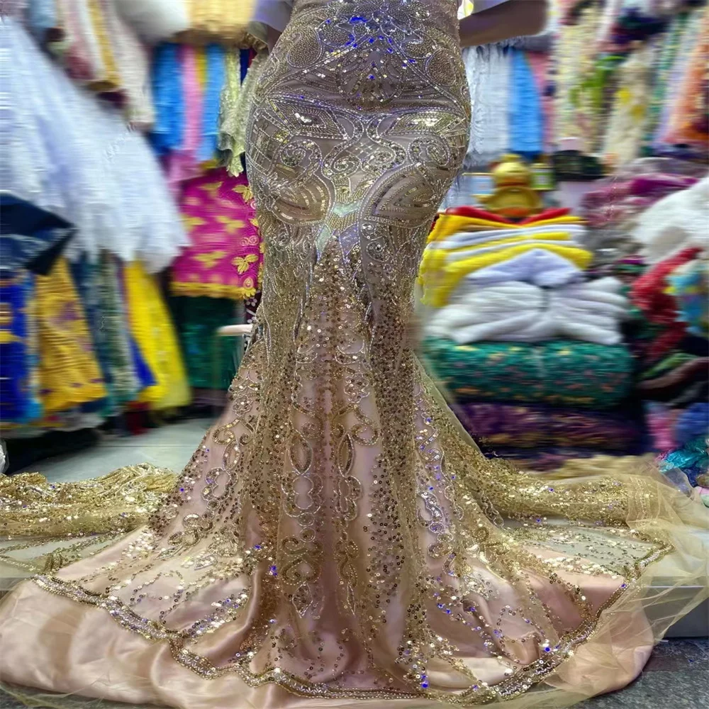 

2023 High Quality Luxury French Tulle Sequins Net Lace Fabric African Sequins Lace Fabric For Nigeria Wedding Dress Party c-215