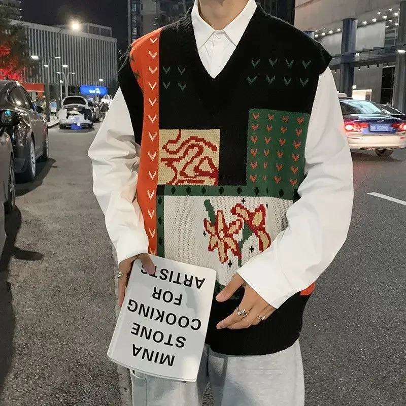 Knit Sweater Male Vest Patchwork Black Cute Sleeveless Men\'s Clothing Waistcoat Graphic Korean Style Winter 2025 New in Fashion