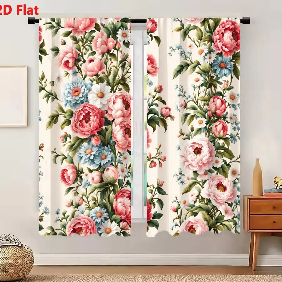 2Pcs Curtains 2D Flat Seamless Floral Pattern With Lush Peonies Daisies And Foliage On Light Beige Background Window Drapes for