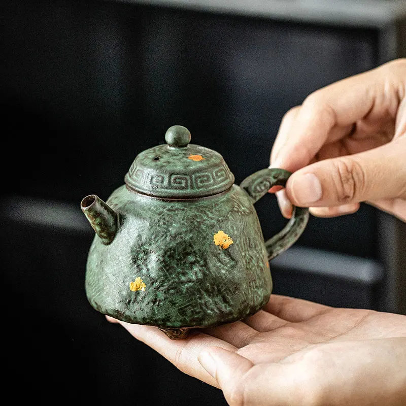 Handmade Bronze Ancient Rock Mud Tea Brewing Pot Chinese Style Home Use Gongfu Tea Set Tea Brewing Device with Gold Splashing