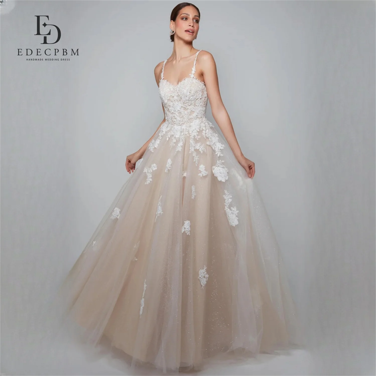 

EDECPBM Tulle V-Neck Champagne Ball Gown Evening Dress 2026 Prom Dress Appliques Crystal Elegant Formal Evening Gown Custom Made