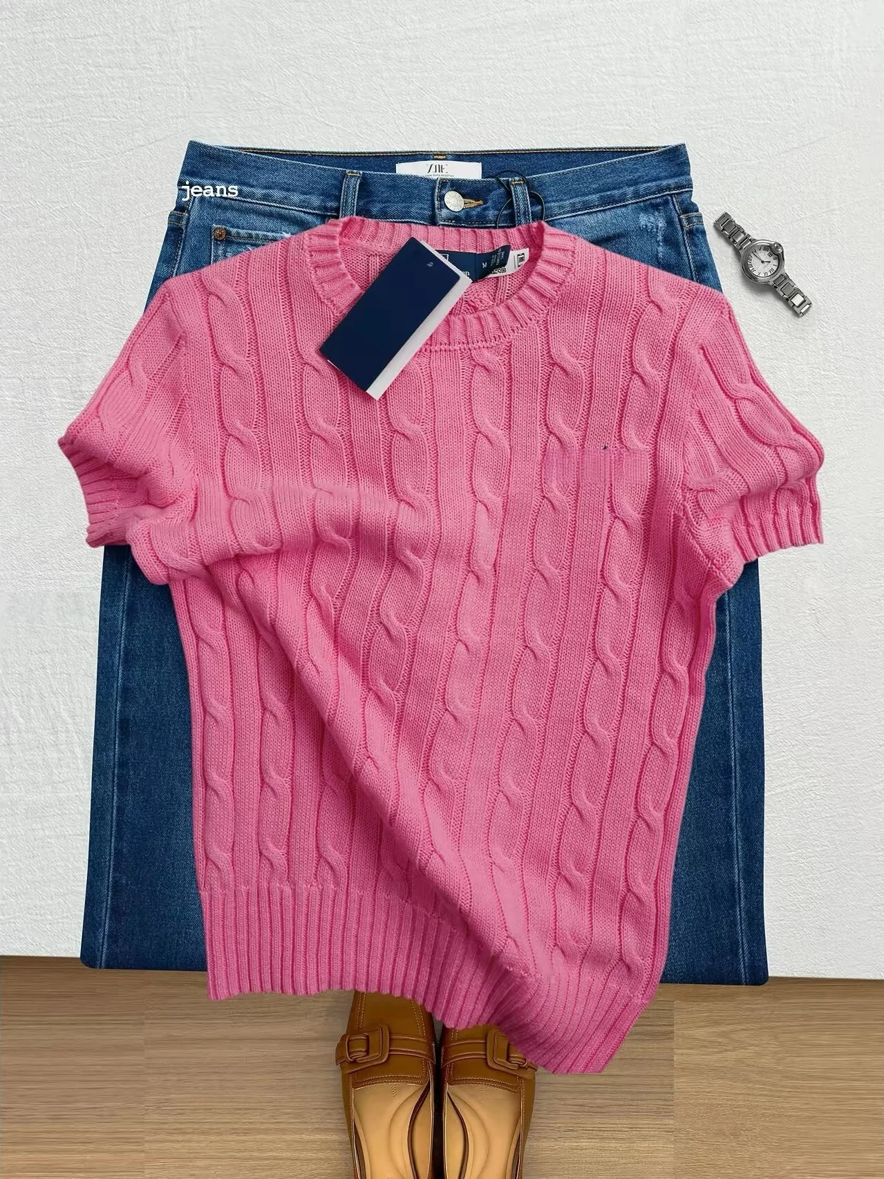 Summer Dopaamine Style Women's Knitted Short Sleeve round Neck T-Shirt Pink Twist Slim Fit Top College Style Embroidery Strai...
