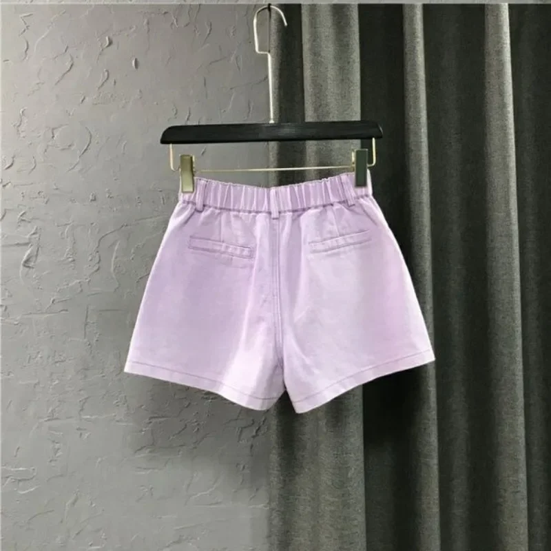 Women's 2025 Summer New Fashion High Waist Korean Spliced Pocket Solid Color Casual Wide Leg Trouser Skirts A-line Denim Shorts