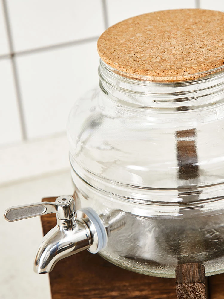 Wooden Lid Sealed Glass Bottle with Faucet Medical Wine Jar