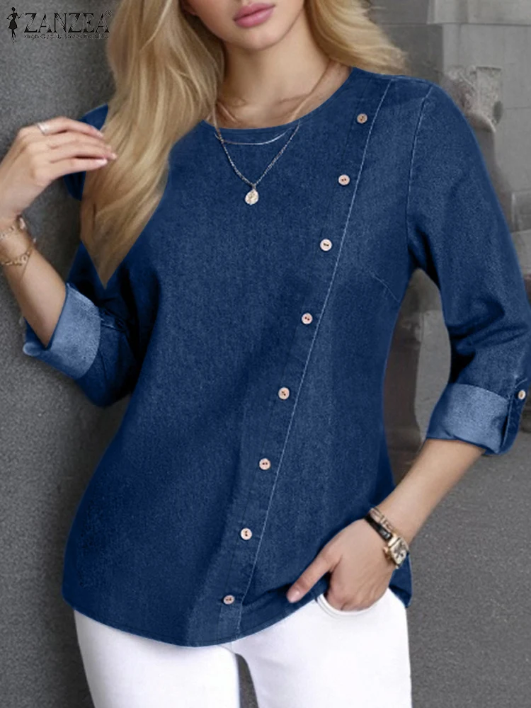 ZANZEA Fashion Loose Blue Blouse Women Slanted Buttons Decorated Tops Holiday Long Sleeve Blusas Casual Autumn 2024 Solid Tunics