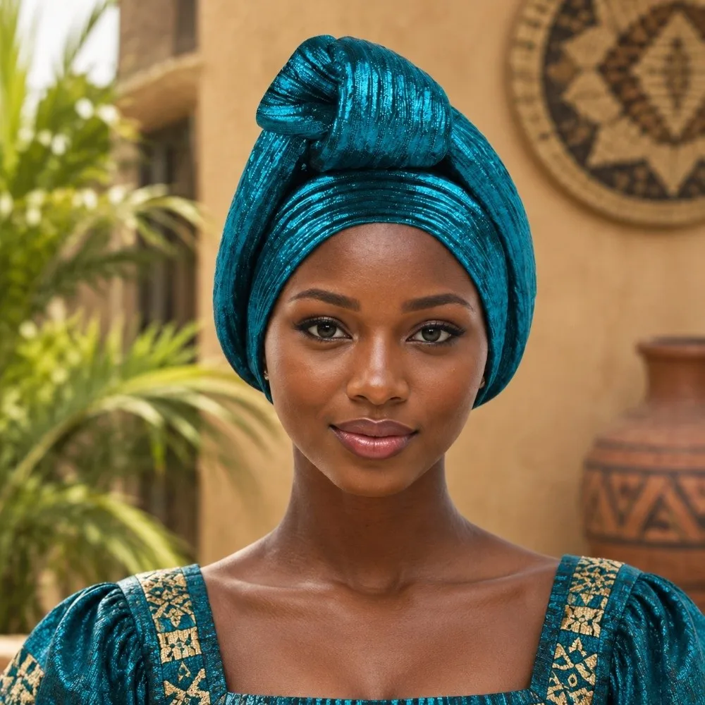 Shiny African Gele Headwrap Front Knot Polyester Nigerian Yoruba Turban Multicolor Options Lightweight Elegant Headpiece