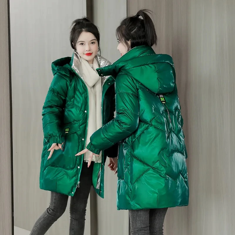 

Glossy no wash Thicken cotton Jacket 2025 New Female Medium long Korean Loose Winter Coat Women's Warm Hooded Parka Overcoat