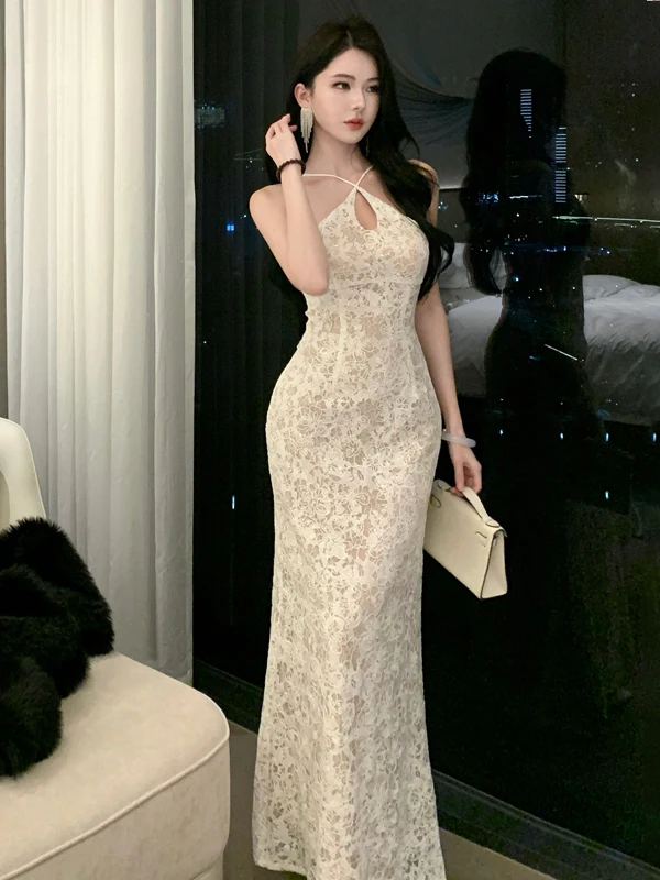 فستان سهرة أنيق من الدانتيل باللون البيج للنساء بدون أكمام بدون ظهر فستان حورية البحر فاخر للحفلات الراقصة فيستدوس رداء غاو #2