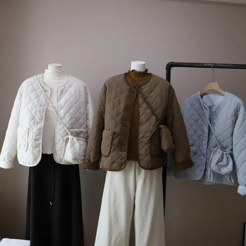 معطف نسائي قطني برقبة دائرية على الطراز الكوري سترة شتوية جديدة صلبة واحدة الصدر سترة سميكة ملابس خارجية سترات عصرية متعددة الاستخدامات