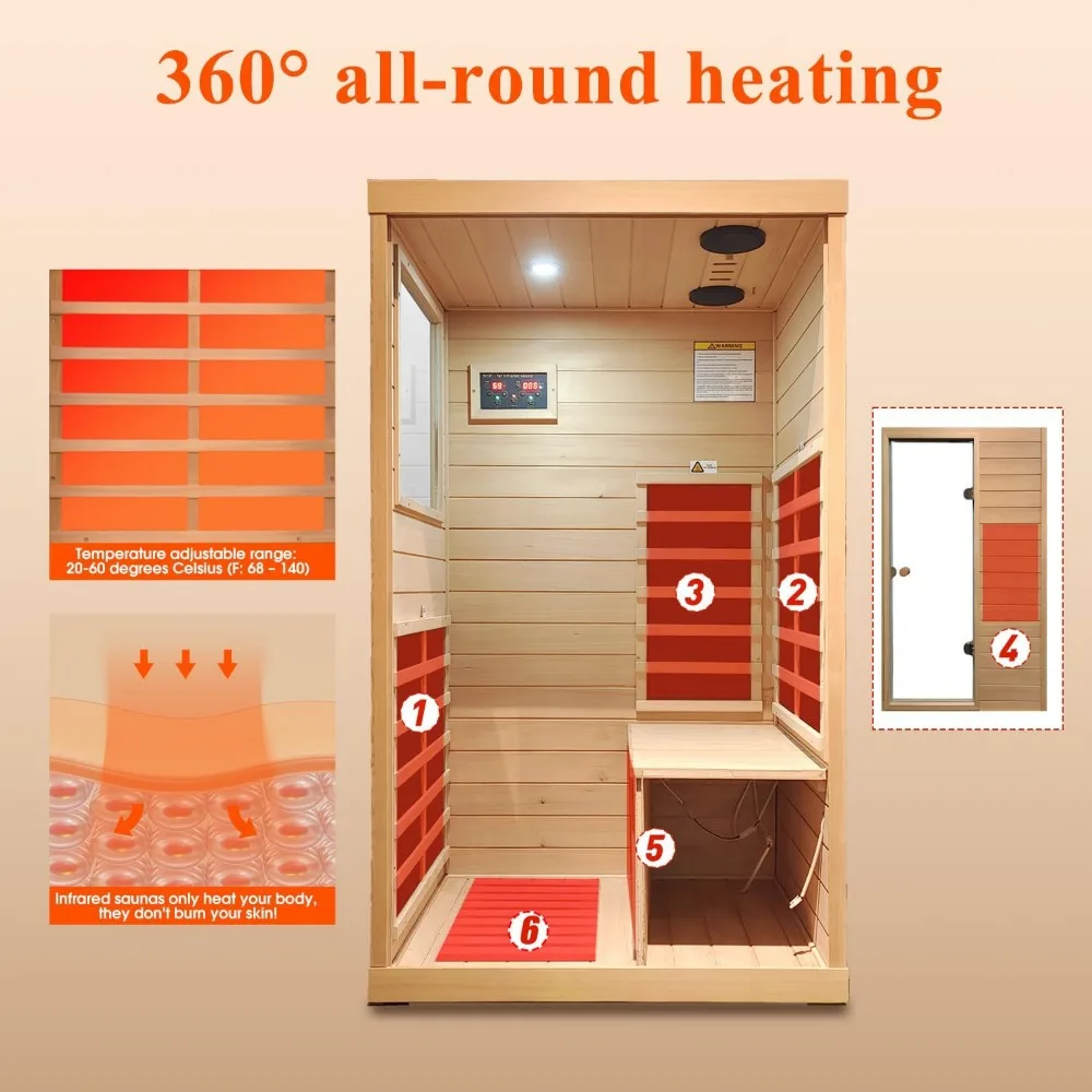 Infrared Sauna,1 Person Far Infrared Sauna for Home,with 1050W Indoor Sauna,2 Bluetooth Speakers, 1 LED Reading Lamp Sauna Room