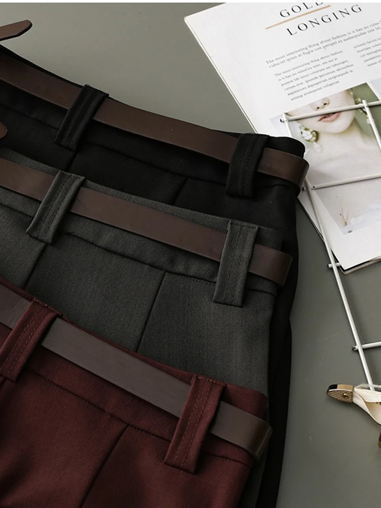 Trajes informales color burdeos, pantalones para mujer, pantalones elegantes de cintura alta y pierna ancha a la moda con bolsillos, negro y gris