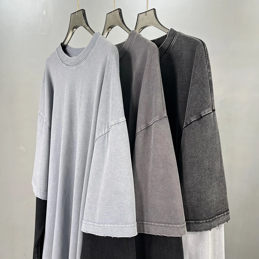 Distressed Retro Long Sleeve Men's T-shirt High Quality Oversized Women Cotton T Shirt Couples Dress Streetwear New In Tops Tees
