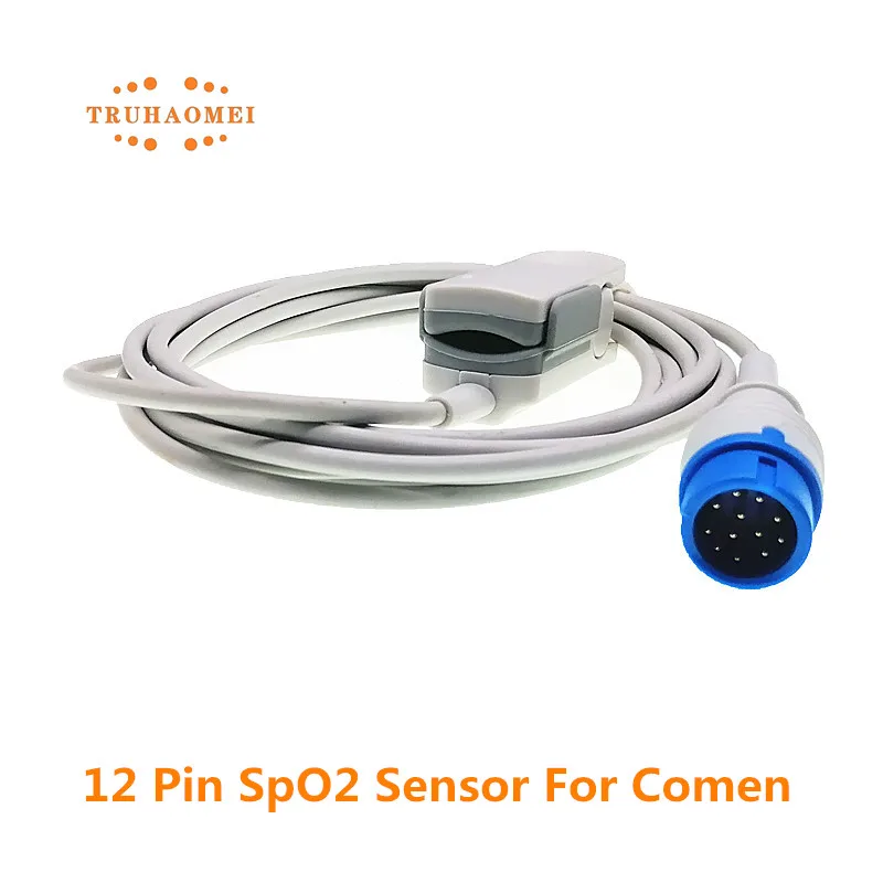 For Comen SpO2 Sensor 12 Pin Blue Reusable Adult Child Neonates Vet Clip Use Digital Tech Heart Rate SAO2 Probe C30 C50 C70 NC5