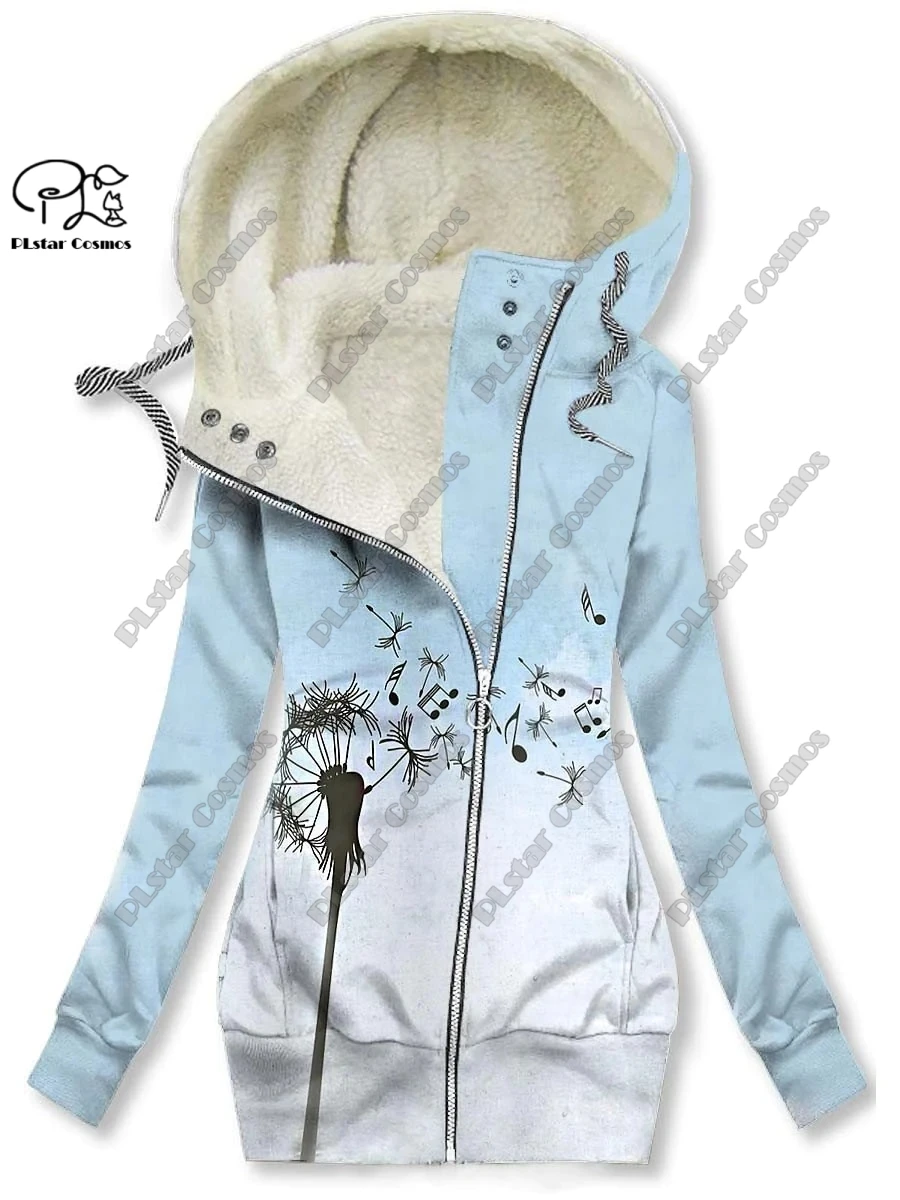 New 3D printing retro series floral and animal patterns plus velvet and warm women's long zipper sweatshirt casual winter L-34