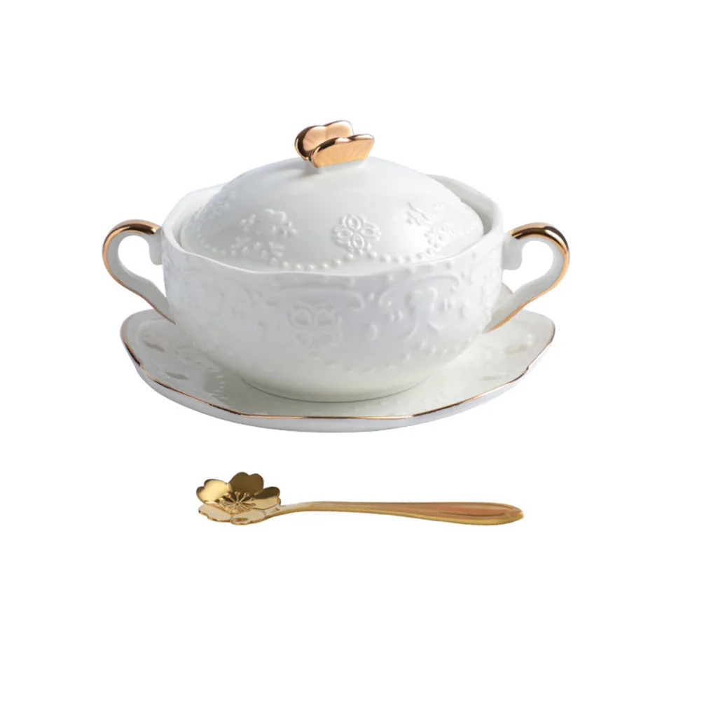 

1Set Double Ear Dessert Bowl Ceramic Stew Cup Exquisite Soup Bowl Lid Spoon Home Kitchen Tableware Ceramic Stew Cup
