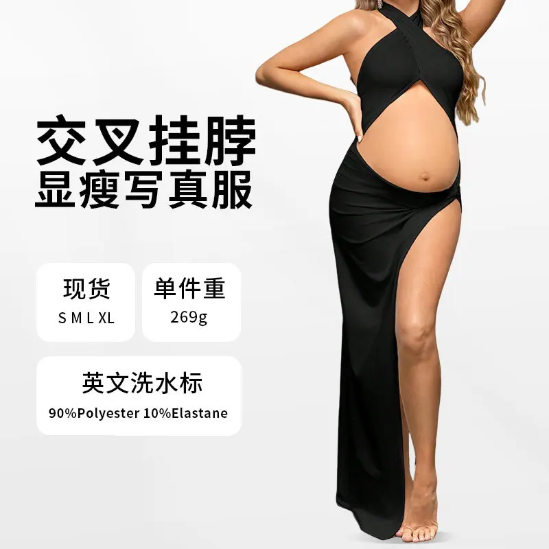 Robe fine pour femme enceinte, coupe cintrée, nettoyage photo, col croisé, extrémité fendue, sexy, nombril ajouré, couleur unie