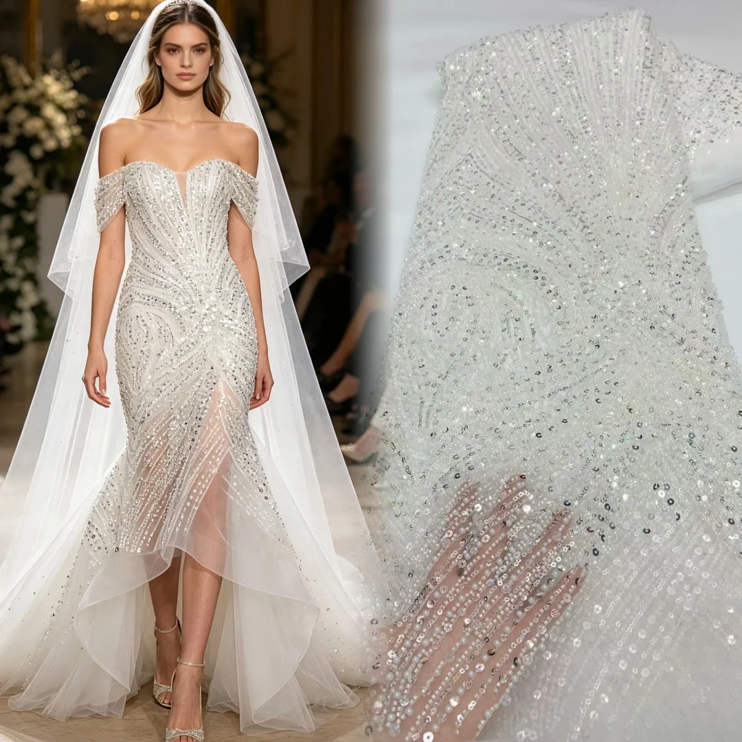 

High Quality African Gold Handmade Beaded Lace Fabirc 2026 Sewing sequins Embroidery Nigreian Lace Fabric Women Wedding Dress