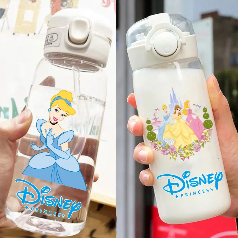 Princess Straw Bottles 600ml/400ML Jasmine Ariel Transparent Plastic Anti Drop Water Bottle Children Students Outdoor Capacity