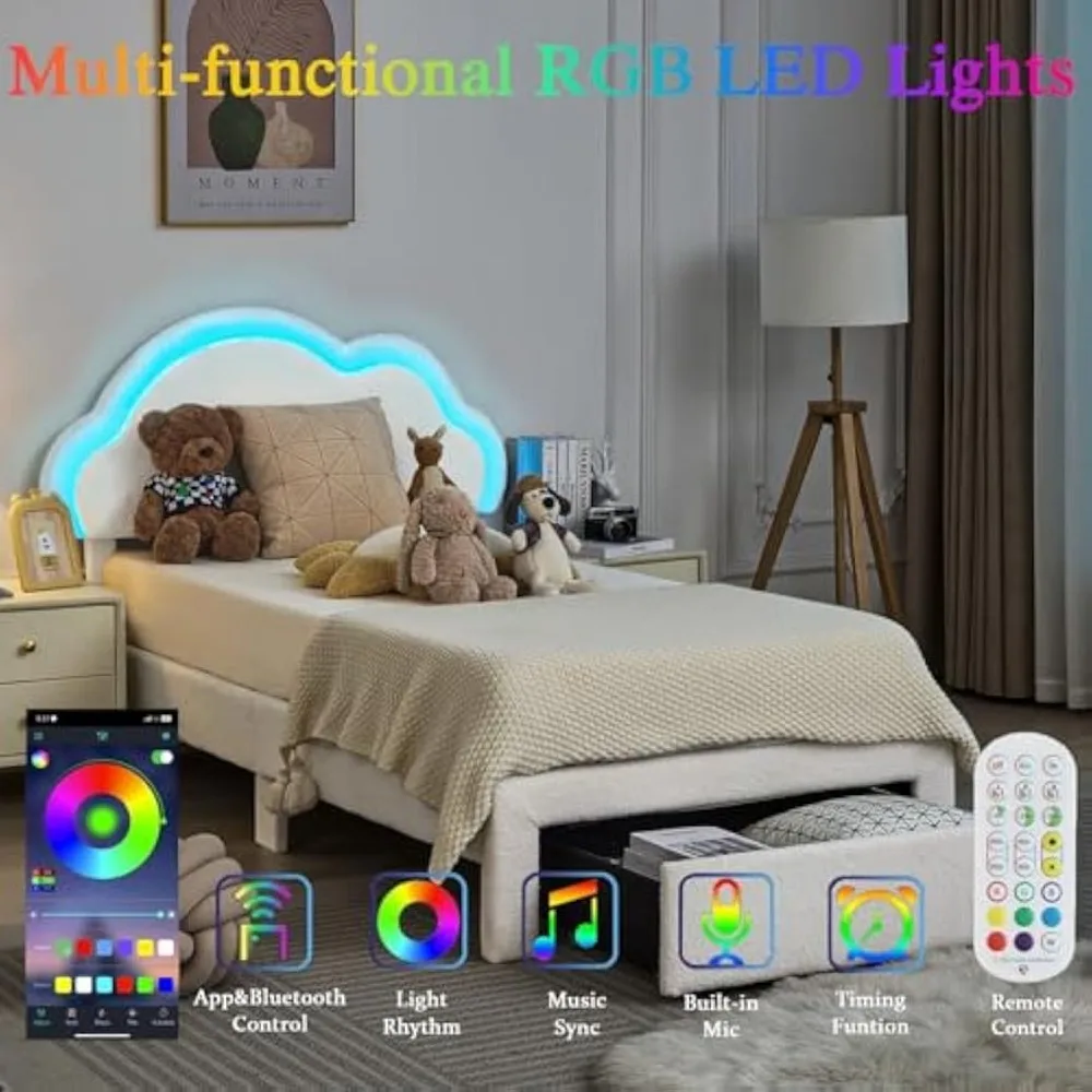 Estrutura de cama de tamanho duplo com luzes LED, cabeceira, cama de plataforma com gaveta de armazenamento, molduras de cama de nuvem dupla estofadas Boucle