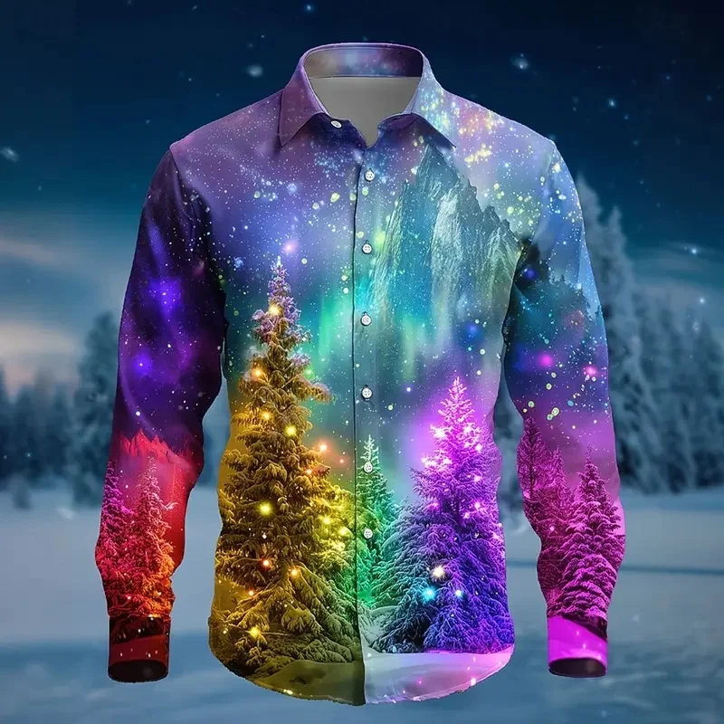 Fashion Men's Long Sleeve Shirt 2026 Christmas Tree Aurora Christmas Casaul Costume Shirt Streetwear Comfort Slim Fit Shirts
