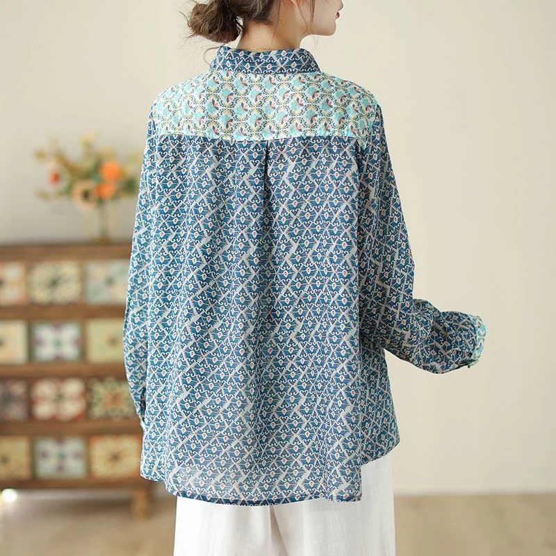 Retro Women's New Stitched POLO Collar Button Print Fashion Loose Versatile Casual Long Sleeve Shirts