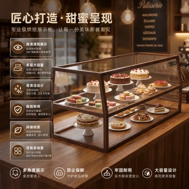 Glass Display Cabinet for Walnut Coffee Shop Bread Dessert Tea Set Cup Storage Figure Dustproof Showcase