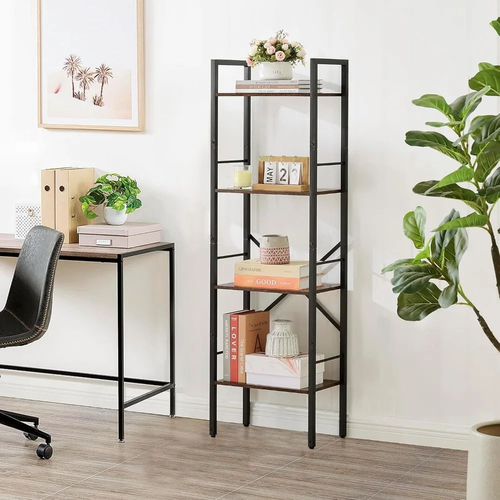 

4 Tier Bookshelf Industrial Ladder Shelf,Tall Skinny Bookshelf with Wood,Freestanding Thin Bookshelf for Home Office,Living Room