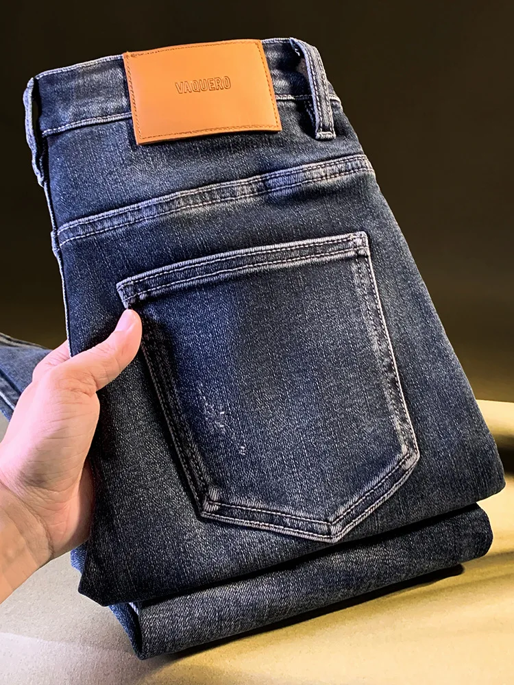 

Модные мужские джинсы в американском стиле весной и осенью, приталенный крой, эластичный, на маленьких ногах, с вырезами и рваными дырками, длинные брюки.