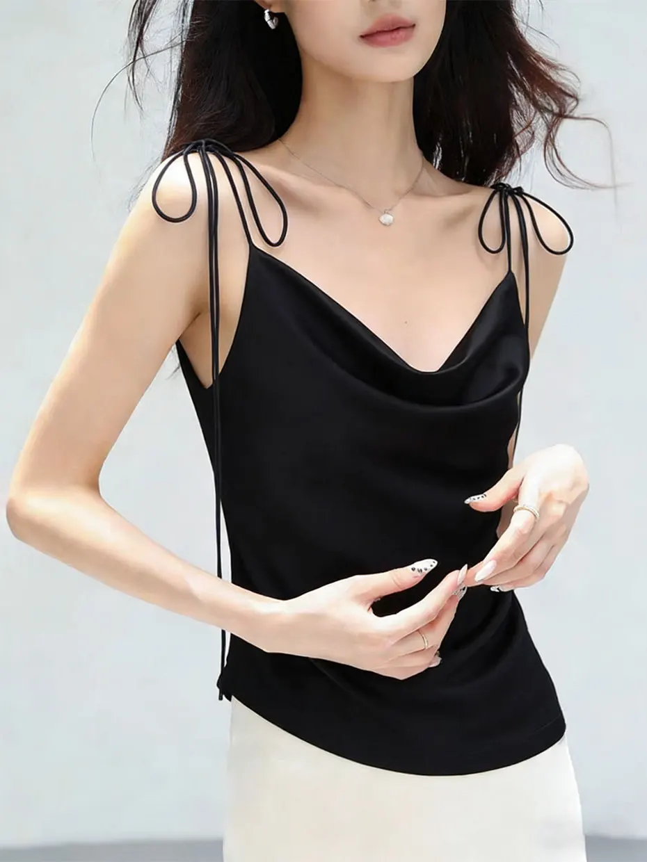 Elegant Small Strap Vest Women's Outerwear Sexy Back Acetate Satin Notched Collar Top Fashionable Casual Business Wear