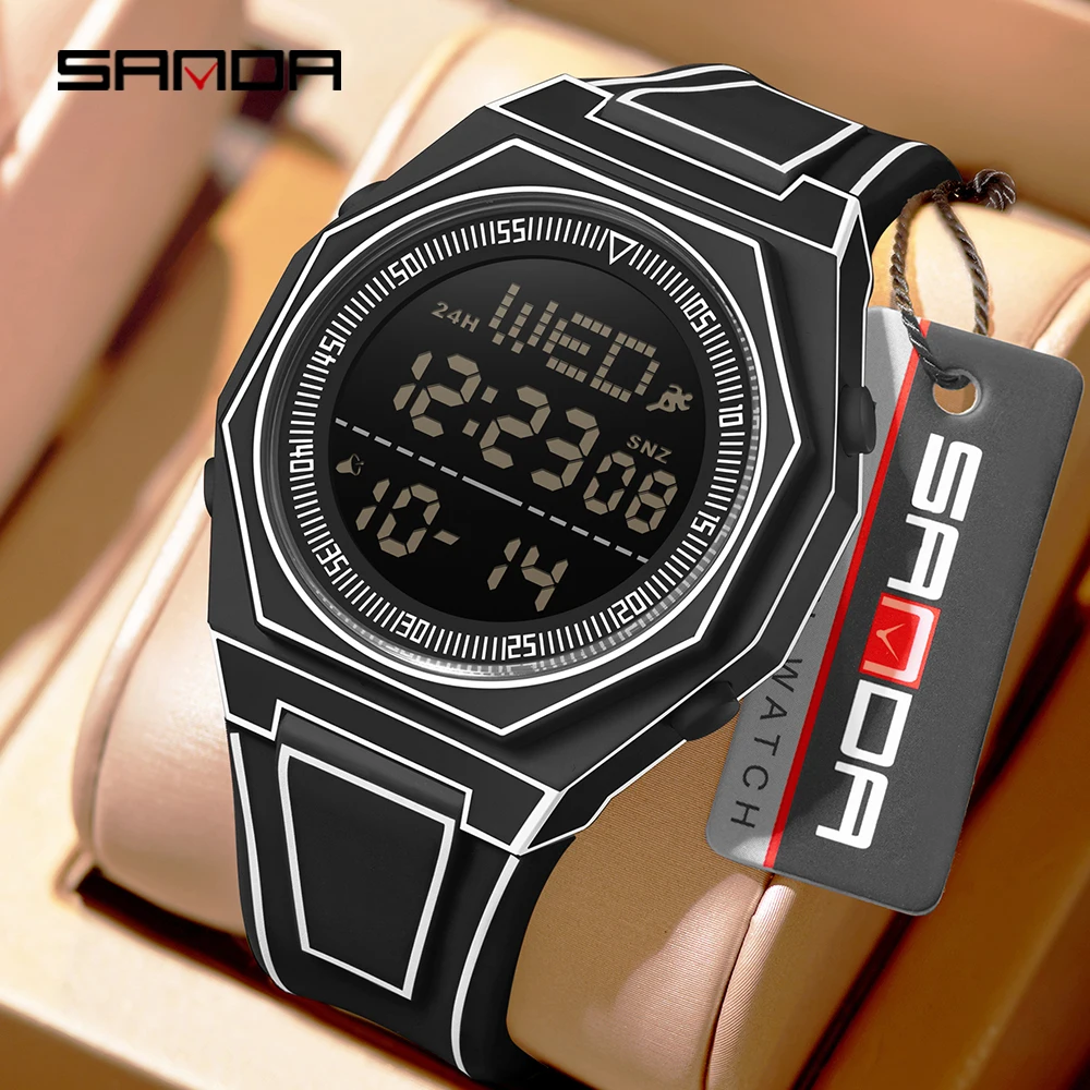 SANDA 9097 Men's and Women's Sports Electronic Watch Multi Functional 5ATM Waterproof Colorful Night Light Alarm Clock Timing