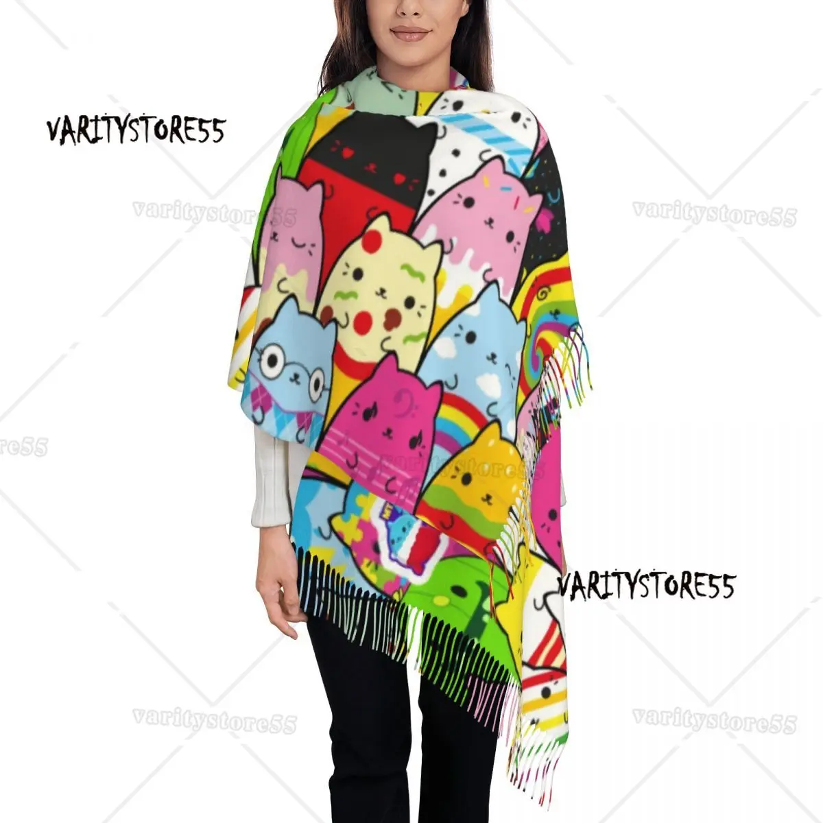 Women's Scarf with Tassel Cute Cartoon Cats Vs Pickles Long Winter Warm Shawl Wrap Anime Daily Wear Cashmere Scarf