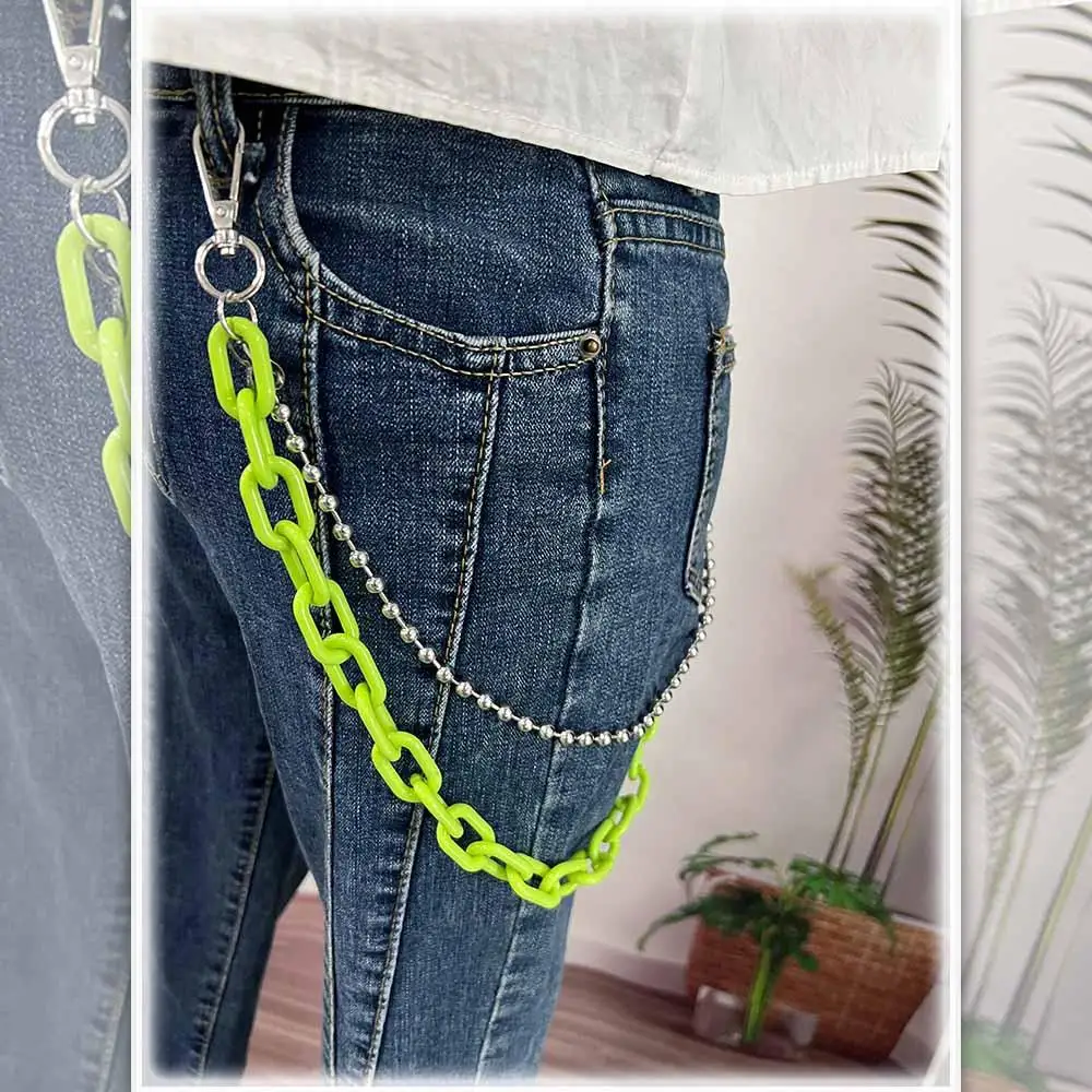 Popular fluorescente mujeres hombres ropa de plástico decoración cinturones de plástico pantalones cadenas estilo Punk cadenas de cintura doble capa