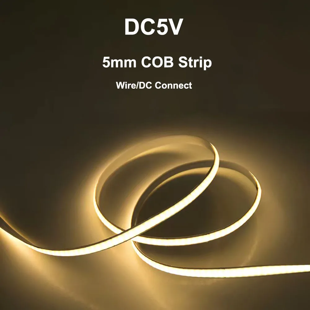 5mm 5v cob led tira flexível led cinto decoração para casa linear iluminação fita fio/dc conectar branco/quente/natural para casa deco